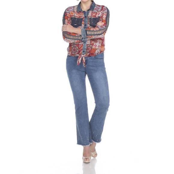 NEW AZI multi colored tie front denim chiffon blouse with lattice sleeve in red - Picture 1 of 3